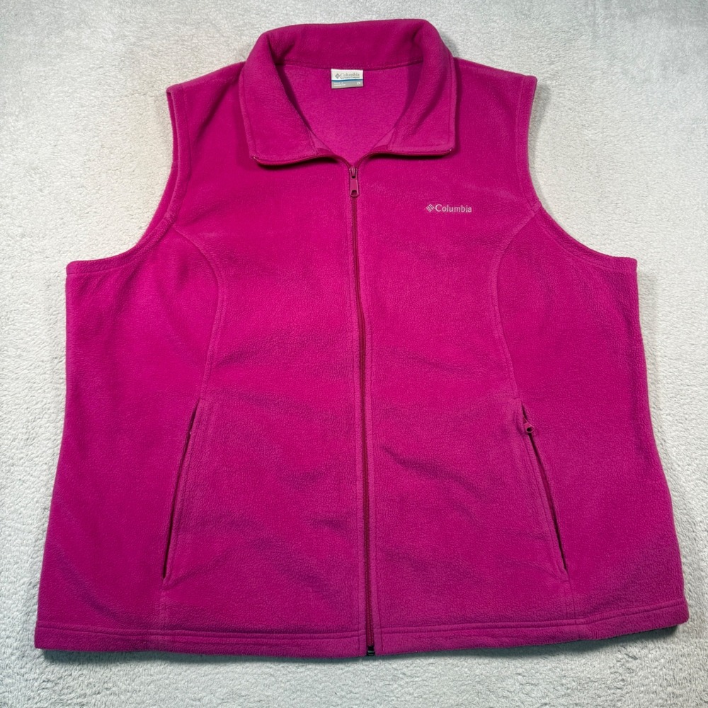 Columbia Fleece Vest Women 2X Pink Full Zip Mock Neck Pockets Outdoor Gorpcore
